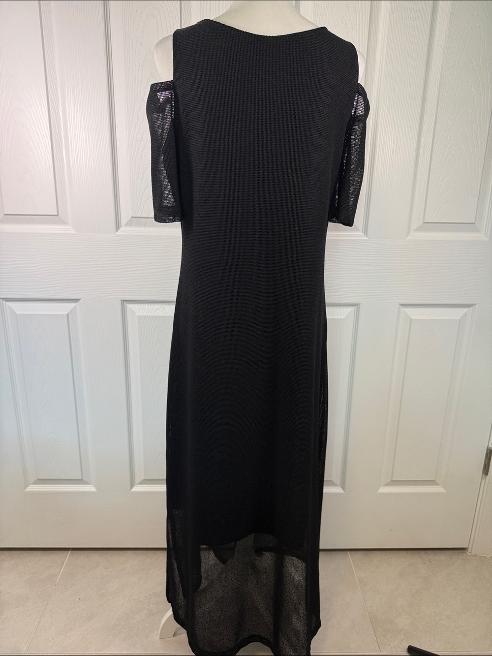 Black Cold-Shoulder Maxi Dress with Sheer Lower Skirt - Picture 5 of 9